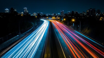 Leinwandbilder - A nighttime shot of a highway with bright city lights and light trails from passing cars, creating a dynamic and vibrant urban scene.