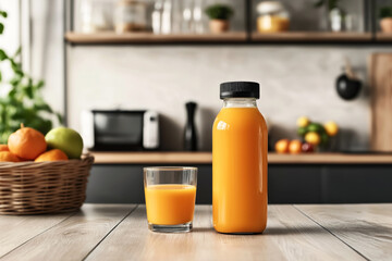 Poster - A clear glass and a bottle of orange juice on a wooden table in a modern kitchen, with a basket of fresh fruits and kitchen appliances in the background.