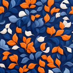 Wall Mural - A vibrant floral pattern featuring colorful leaves in shades of orange, blue, and white, perfect for various design projects.