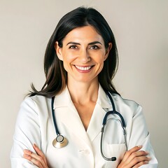 Smiling female doctor with stethoscope standing confidently in medical uniform

