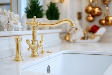 Wall Mural - Gold Kitchen. Detail of Gold Faucet on White Marble Countertop with Decorations