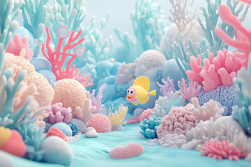 Yellow fish swimming through a pastel colored coral reef in a playful underwater scene