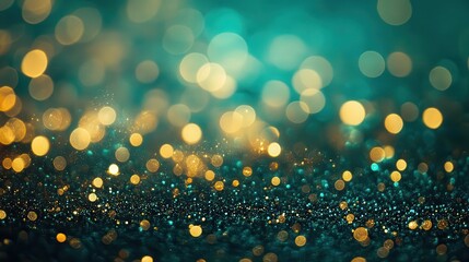 Wall Mural - abstract glittery teal green and gold bokeh background festive holiday celebration texture