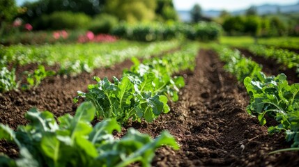 Closeup of Green Vegetable Plants Growing in a Row.