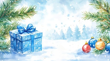 Wall Mural - christmas gift box with blue ribbon, fir tree branches and christmas balls in snowy winter landscape