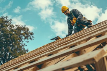 A man is working on a roof, and the sky is blue with some clouds, generative ai image