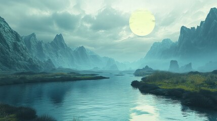 Sticker - Serene Mountain Valley with a Full Moon and a River Flowing Through It