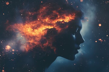 Poster - Abstract woman profile with fiery head and galaxy background.  Concept of inspiration, creativity, imagination, and inner fire.