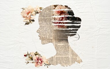 A vintage newspaper sheet with rough edges and faded text, interwoven with delicate floral designs and the soft silhouette of a woman in a grunge-inspired style