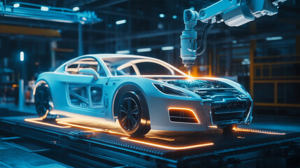 Robot welder in the automotive sector. White robots welding the car frame in an auto manufacturing plant. The robots sketch the concept car's outline using a laser beam or ray.