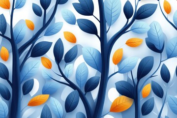 Wall Mural - Abstract illustration of leaves in vibrant blue and orange tones, creating a serene and modern nature-inspired background.