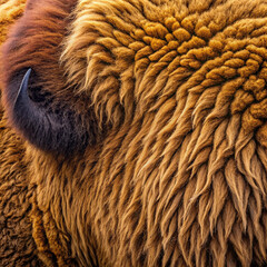 close-up of bison fur texture showcasing thick, wavy strands and rich colors