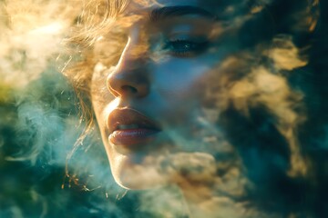 Poster - Abstract portrait of a woman with a dreamy and ethereal expression. Light, blurred, surreal, dreamlike