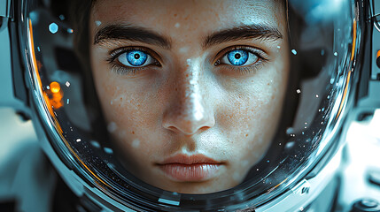 Sticker - Stunning Close-up of an Astronaut's Face with Blue Eyes, Perfect for Sci-Fi and Futuristic Designs