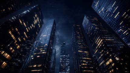 A city skyline at night with the buildings lit up