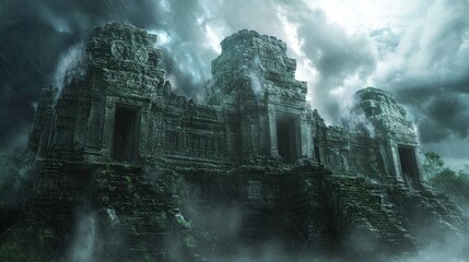 Wall Mural - Ancient Stone Temple in a Misty Rainforest