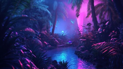 Sticker - Neon Glow Illuminates a Tropical Stream Through Lush Foliage