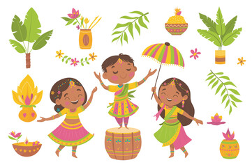 Aufkleber - Onam set elements in flat graphic design. Bundle objects of happy boy and girls in traditional indian clothes celebrating, lanterns, oil lamps, flower garlands, other. Vector illustration.