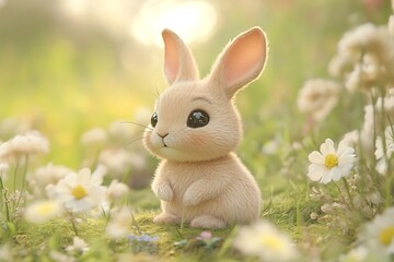 Cute baby bunny rabbit in a field of white daisies