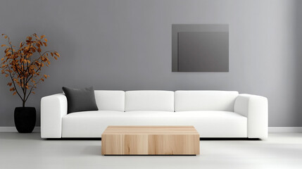 Near a white sofa in a room with a grey wall and an art poster is a wooden square coffee table. Modern living room interior design with a minimalistic elegance.