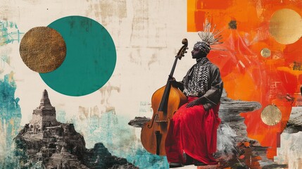 Poster - Abstract Collage Featuring a Person Playing a Double Bass and Architectural Elements