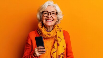 charismatic elderly woman laughing with smartphone vibrant orange background joyful expression modern senior lifestyle