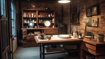 Rustic Workshop Interior with Wooden Furniture and Exposed Brick Walls.