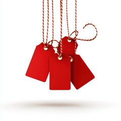 Collection of red tags hanging on strings, perfect for pricing, labeling, or gift tagging in a clean, bright setting.