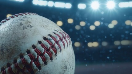 closeup of weathered white baseball with red stitching under dramatic stadium lights capturing intensity of night game atmosphere on field