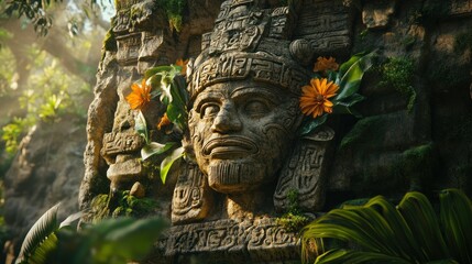 Canvas Print - Ancient Stone Carving of a Face with Orange Flowers and Green Foliage