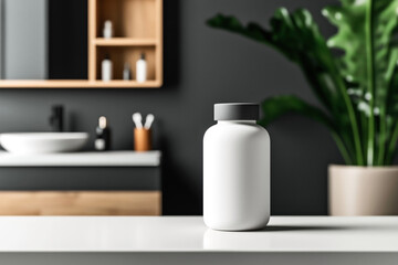 Canvas Print - Minimalist bathroom scene with a blank white plastic bottle mockup in the foreground. The background includes a sink, shelves, and a large potted plant, all out of focus.