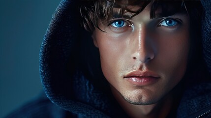 Young man in hood with blue eyes in dim light