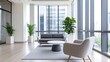 © Dumrongkait - A large open room with a couch, a coffee table, and two chairs. The room has a modern and minimalist design, with a large window that lets in plenty of natural light