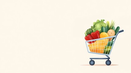 Colorful shopping cart filled with fresh fruits and vegetables, ideal for grocery themes and healthy eating concepts.