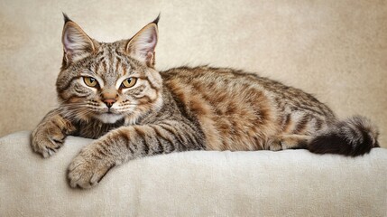 Wall Mural - A Highlander cat with distinctive folded ears lounging gracefully on a soft cushion, showcasing its unique fur patterns against a light solid color background
