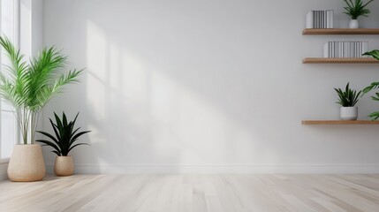 Wall Mural - A white room with a large window and a shelf with books. The room is empty and has a minimalist feel