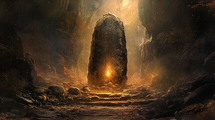 Sticker - A Glowing Stone Monolith in a Mystical Cave