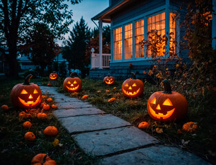 Halloween concept, pumpkins with creepy faces in the yard of the house