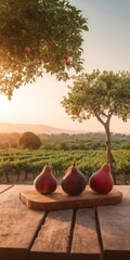 Poster - Fresh raw figs fruits on wooden table, field garden in background.