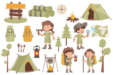Aufkleber - Scouts camping set elements in flat graphic design. Bundle objects of boys and girls in uniforms, tent, compass, campfire, backpacks, trees, lanterns, mats, direction pointers. Vector illustration.