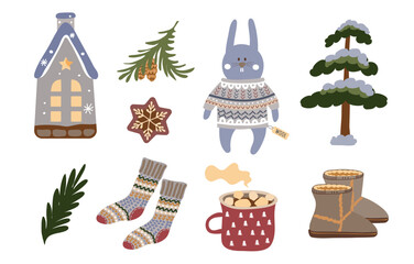 Set with warm, cozy winter elements highlighted on a white background. House,  knitted sweater, Ugg,  socks,gingerbread,hot drink in a cup, hare, Christmas tree,fir branches