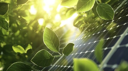 sunlight streaming through leaves and bouncing off solar panels, symbolizing the connection between 