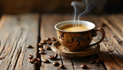 Soothing Cup of Freshly Brewed Coffee with Aromatic Steam on Rustic Wooden Table