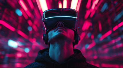 Wall Mural - A futuristic concept showcasing VR and AR technology. A man wearing 3D VR headset glasses gazes upward into the cyberspace of the metaverse, immersed in a virtual reality or augmented reality world .