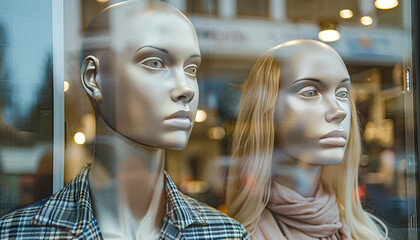 Two mannequins in a shop window. Modern mannequin for displaying clothes