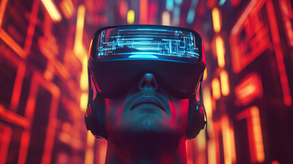 A futuristic concept showcasing VR and AR technology. A man wearing 3D VR headset glasses gazes upward into the cyberspace of the metaverse, immersed in a virtual reality or augmented reality world .