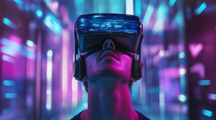 Wall Mural - A futuristic concept showcasing VR and AR technology. A man wearing 3D VR headset glasses gazes upward into the cyberspace of the metaverse, immersed in a virtual reality or augmented reality world .