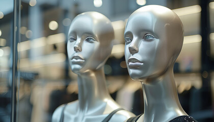 Two mannequins in a shop window. Modern mannequin for displaying clothes