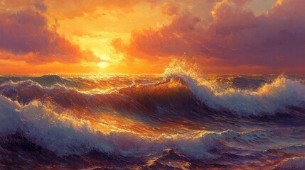 Wall Mural - A Dramatic Sunset Over a Powerful Ocean Wave