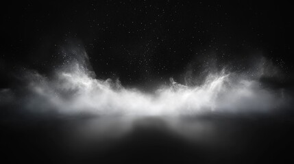 Starry night sky, horizon line, clouds blending with darkness.